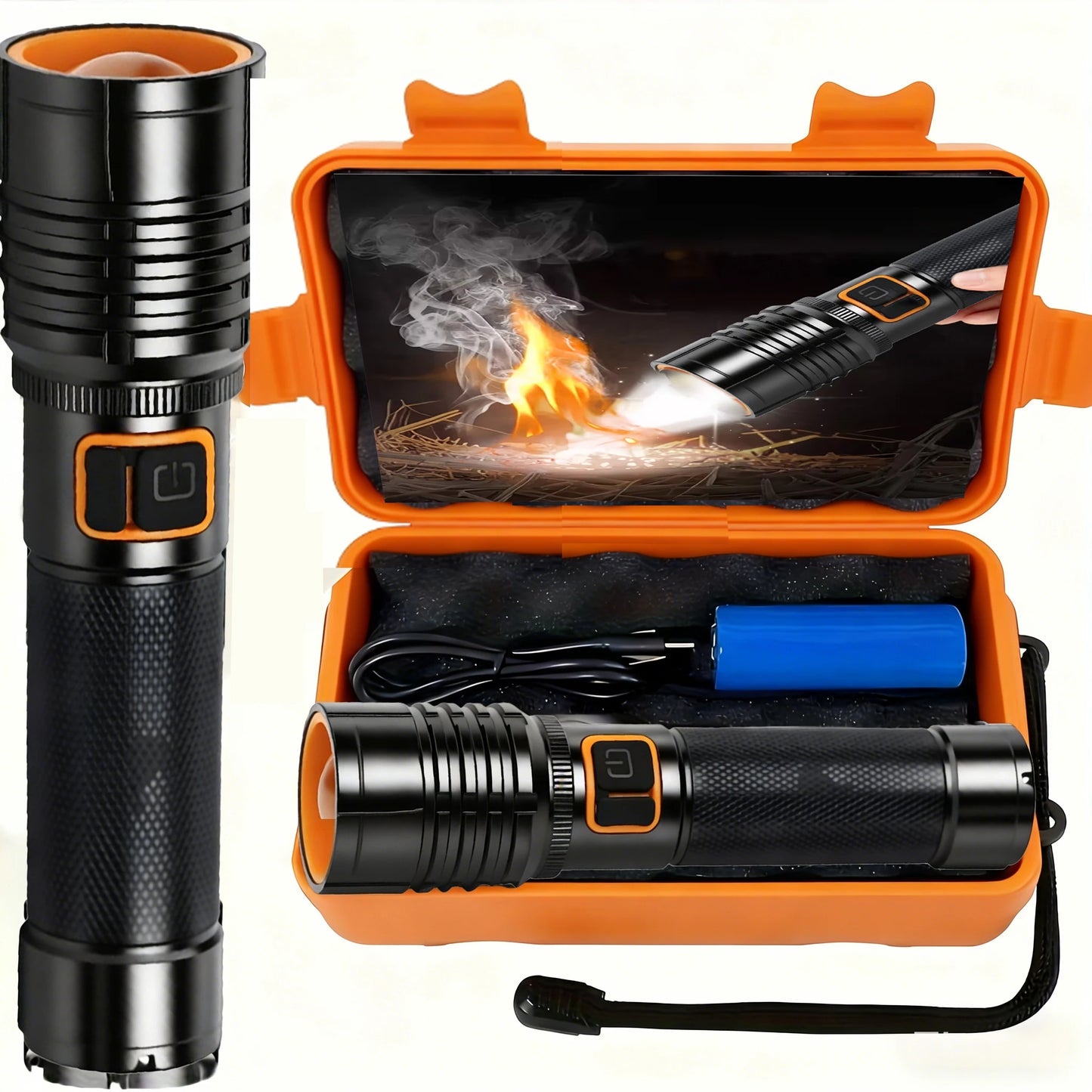 EDC Tactical Flashlight Fire-Starting Flashlight Kit High Power LED Aluminum Alloy Flashlight USB-C Rechargeable Super Bright To