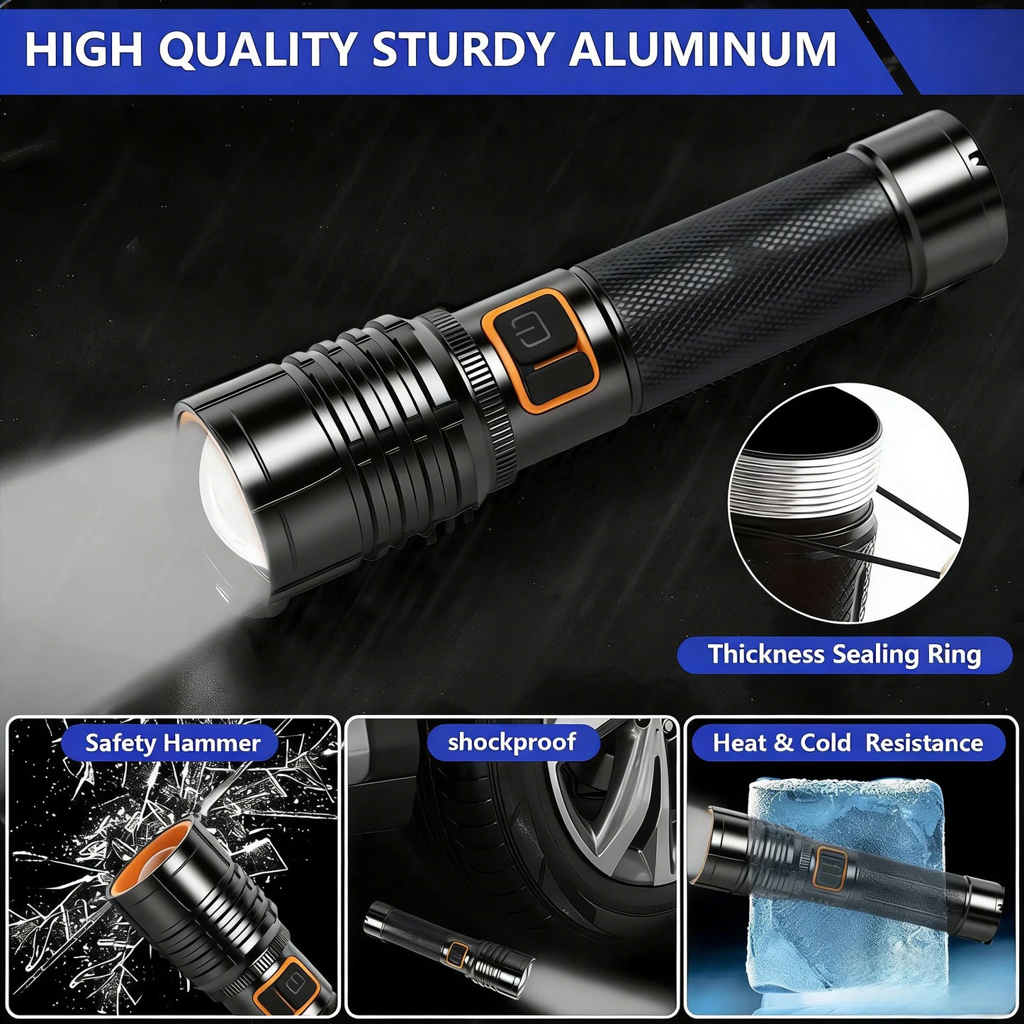 EDC Tactical Flashlight Fire-Starting Flashlight Kit High Power LED Aluminum Alloy Flashlight USB-C Rechargeable Super Bright To