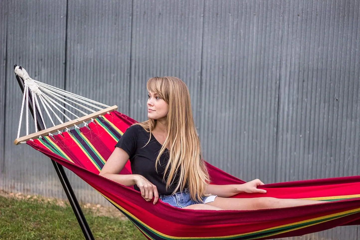 Cotton Blend Hammock with Hardwood Spreader Bars for Indoor Outdoor Use, 78x37 Inch, 240 lbs Capacity, Burgundy