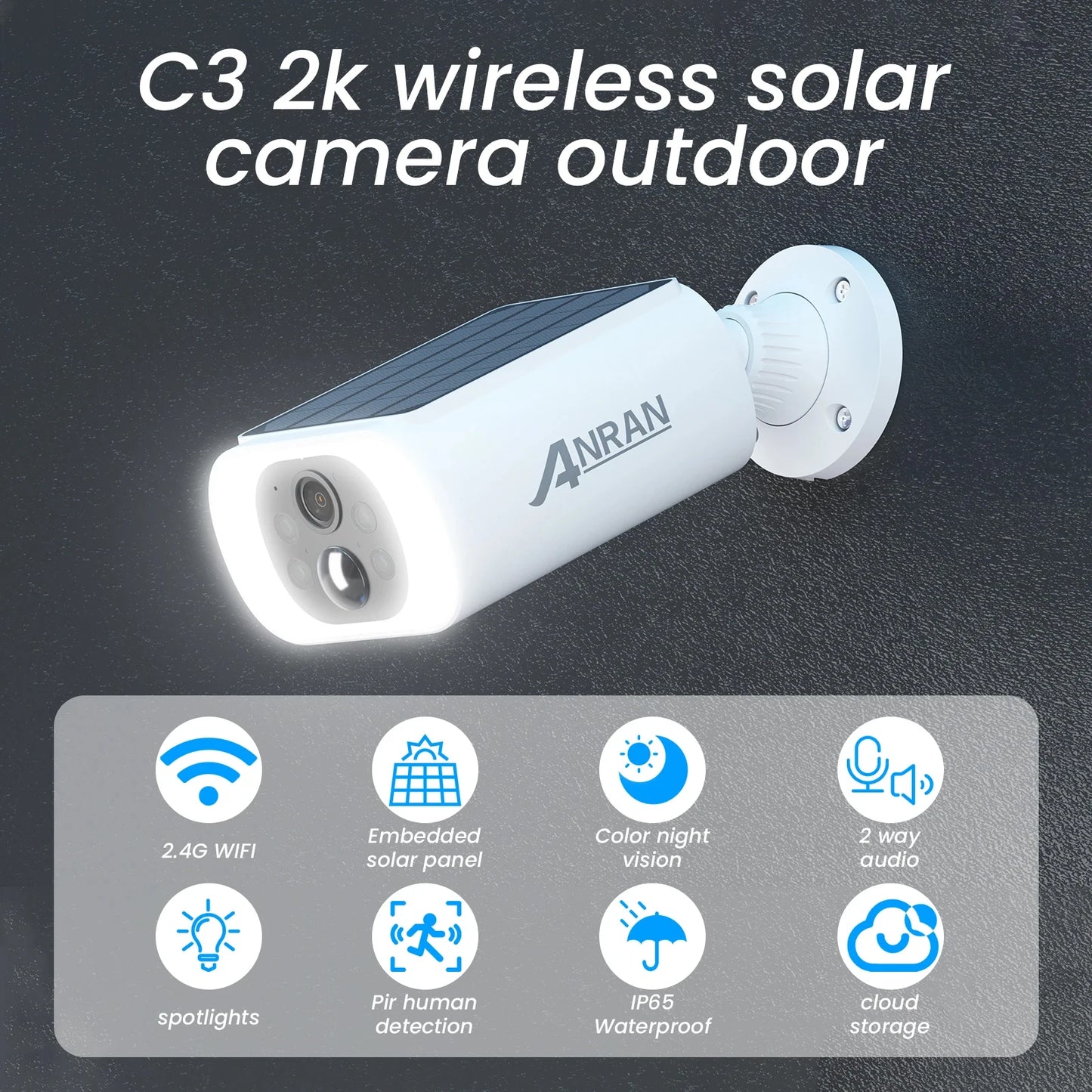 ANRAN 2K Solar Camera 4PCS Home Security Cameras Set 2.4G Wireless WIFI Camera Built-in Battery,Floodlight,Color Night Vision