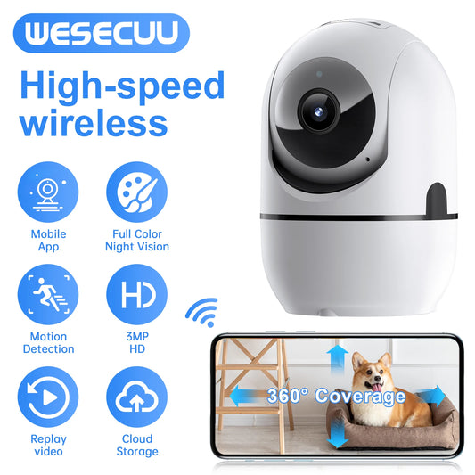 WESECUU Wifi IP Camera 360° Full Coverage PTZ Security Camera 1080P Auto Tracking Wireless Surveillance Night Vision Mini Camera