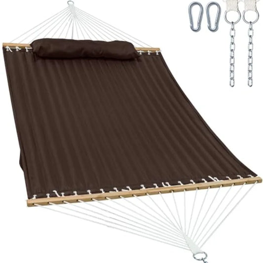 2 Person Quilted Fabric Hammock for Outdoor Use, Coffee Color, Extra-Large Size with Spreader Bar, Removable Pillow, Storage Ba