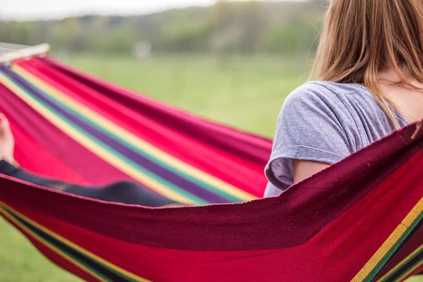 Cotton Blend Hammock with Hardwood Spreader Bars for Indoor Outdoor Use, 78x37 Inch, 240 lbs Capacity, Burgundy